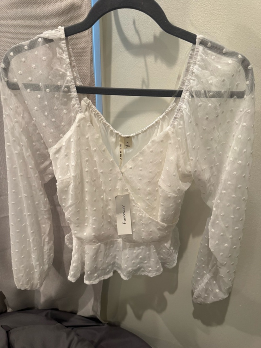Francesca's Collections White Sheer Swiss Dot Peplum Wrap Blouse